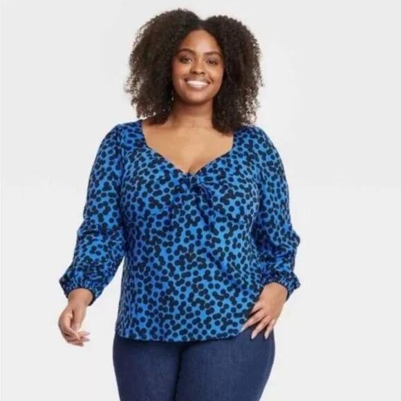Ava & Viv Blue/Black Polka Dot Long Sleeve Knot Front Blouse 2X - Picture 1 of 6